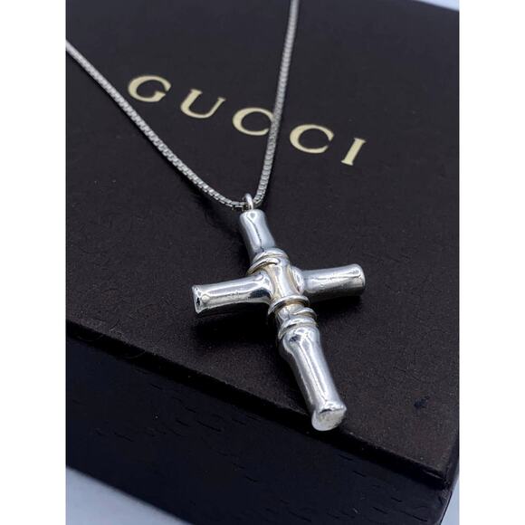 GUCCI Silver Bamboo Cross Pendant Necklace - Picture 1 of 7